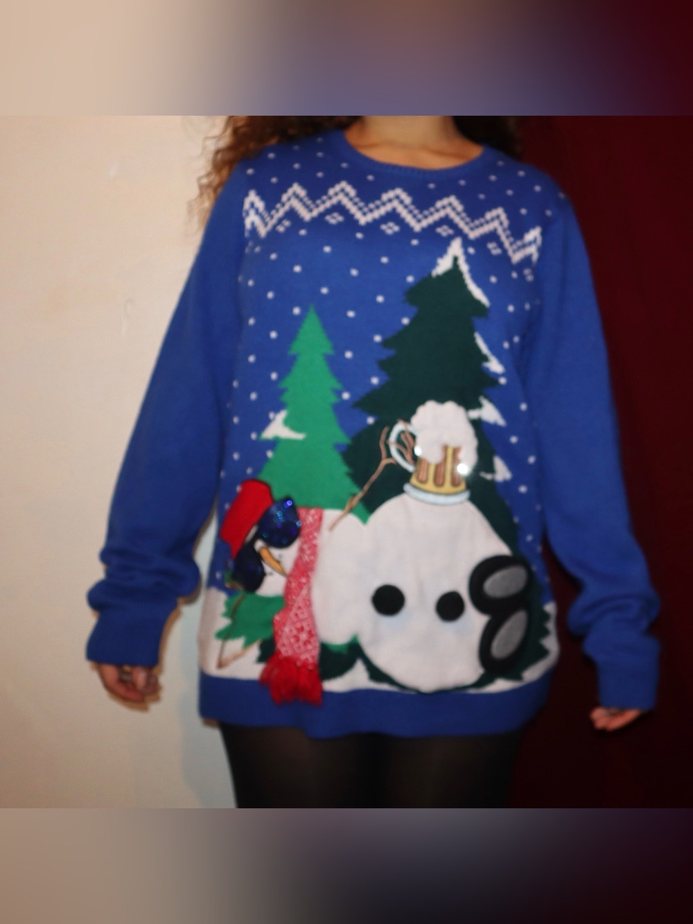 Blue Holiday Novelty Sweater with Snowman Scene